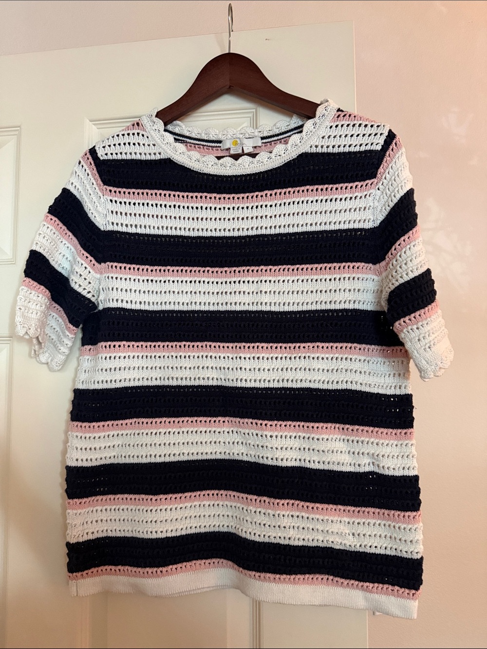 Boden women's corrina stripe short sleeve crochet scalloped edges size Medium